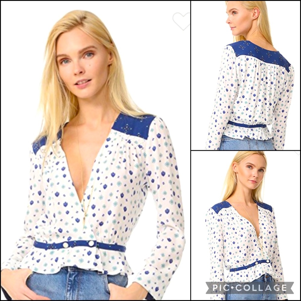 Free People Mixed Media Blue Geo Print Wrap Surplice Plunge Ruffle Blouse Top